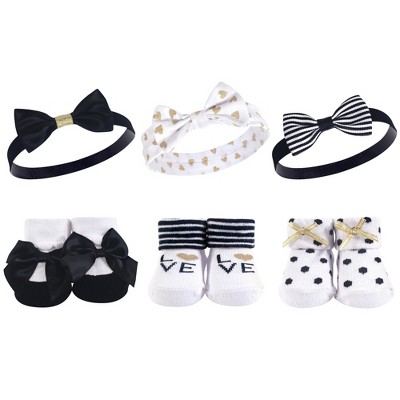 Hudson Baby Infant Girl Headband and Socks Giftset 6pc, Black Gold, One Size