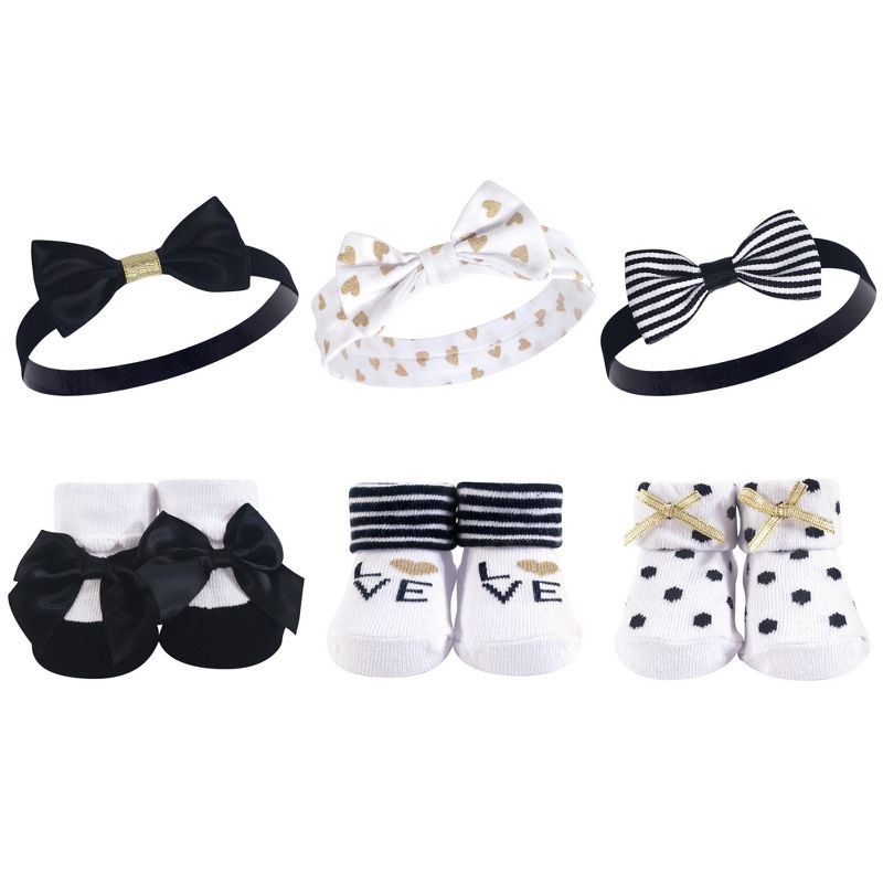 Hudson Baby Infant Girl Headband and Socks Giftset 6pc, Black Gold, One Size, 1 of 4