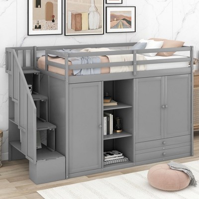 NicBex Twin Size Loft Bed Wooden Bed Frame with Wardrobes, Drawers, Shelves, Storage Stairs and Full Length Guardrail, No Box Spring Required