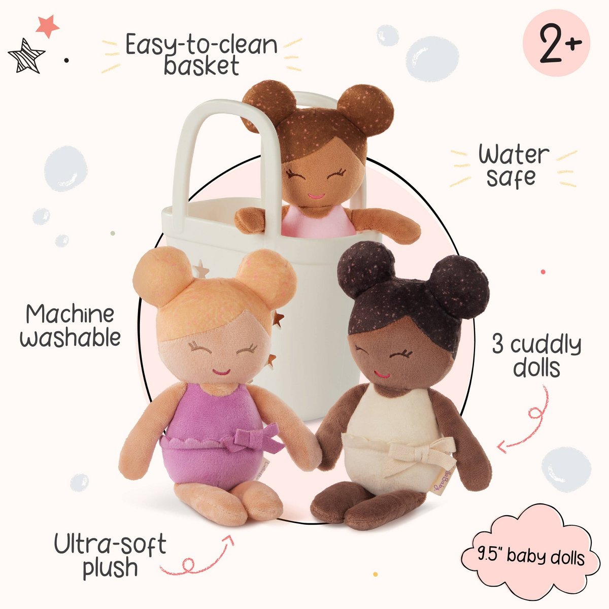 Детские куклы LullaBaby Bathtime Set with 3 Plush Bath Dolls for Real Water Play: Toddler Girl Bath Toys, Baby Doll Accessories — фото 4