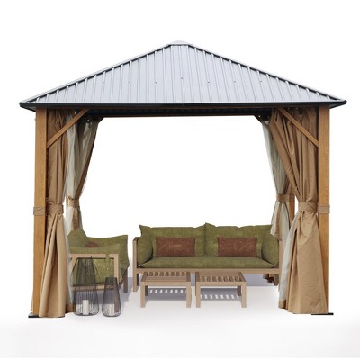 Aoodor 9.68'×9.68' Wood Grain Aluminum Gazebo Hardtop Black Steel Roof With  Curtain&netting : Target