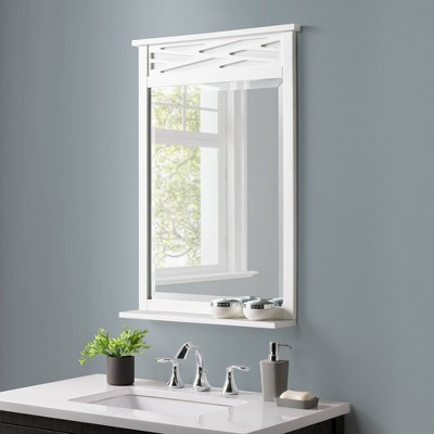 White Wood Rectangular Bathroom Vanity Mirror with Shelf