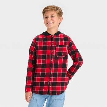 Boys' Flannel Plaid Hooded Long Sleeve Button-Down Shirt - art class™