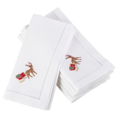 6pk White Embroidered Reindeer Christmas Napkin 20" - Saro Lifestyle