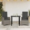 vidaXL 3 Piece Patio Dining Set - Adjustable Reclining Chairs with Cushions & Glass Tabletop, PE Rattan, Gray - 2 of 4