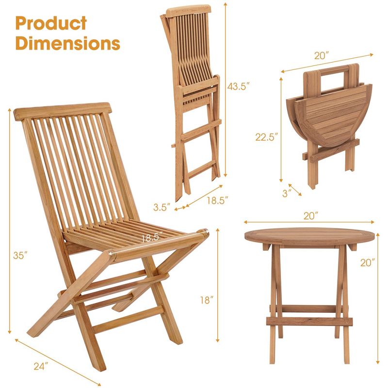 Costway 3PCS Patio Bistro Set Round Table Indonesia Teak Wood Folding Chair Slatted Tabletop Seat, 3 of 10