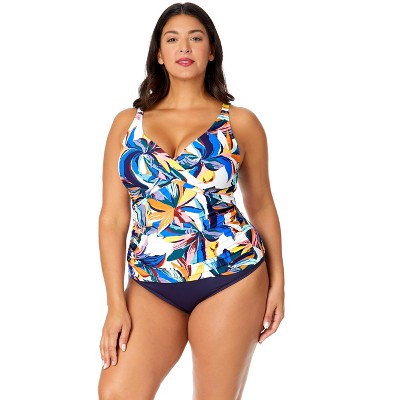 Women's Plus Riviera Floral Hidden Underwire Drape Front Tankini Swim Top