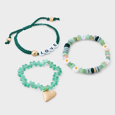 Mixed Semi-Precious Jade and Love Beaded Bracelet Set 3pc - Universal Thread™ Green