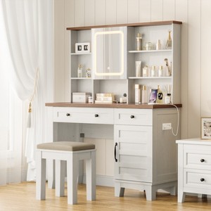 42'' Large Makeup Vanity Set, Farmhouse Vanity Desk with Lighted Mirror, Clear Glass Tabletop & Stool, Wood Dressing Table for Bedroom - 1 of 4