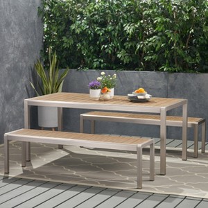 GDFStudio Crested Bay Outdoor Aluminum and Faux Wood 3 Piece Picnic Set - 1 of 4
