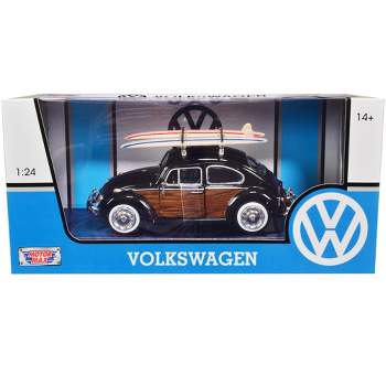 1966 Volkswagen Beetle Black with Wood Panels and Two Surfboards on Roof Rack 1/24 Diecast Model Car by Motormax