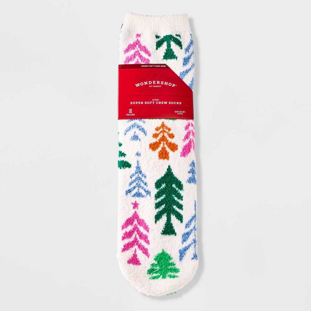 (case of 12 packs ) Kids' Holiday Trees Cozy Crew Socks with Gift Card Holder - Wondershop™ White M/L