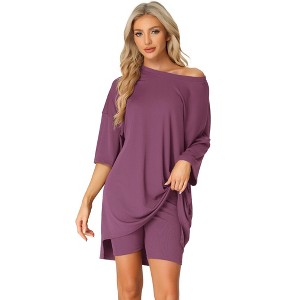 cheibear Women's Knit Loose Fit T-Shirt with Biker Shorts Lounge Sleepwear Pajama Sets - 1 of 4
