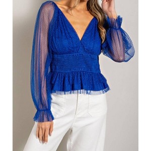 Women's V Neck Mesh Dot Sleeve Blouse - ee:some - 1 of 4