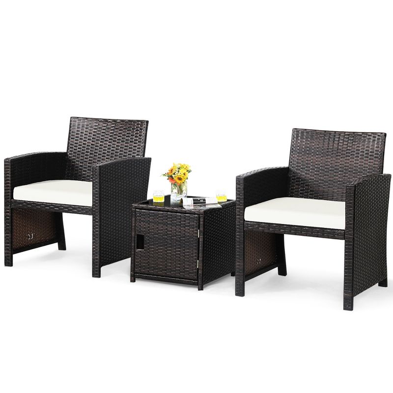 Costway 3PCS Patio Wicker Furniture Set Storage Table W/Protect Cover Cushioned, 3 of 11