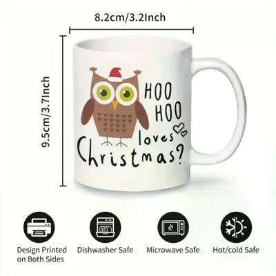 11oz Christmas Owl Ceramic Mug with Santa Hat & Scarf Design – Festive Holiday Coffee Cup, "HOO HOO" Loves