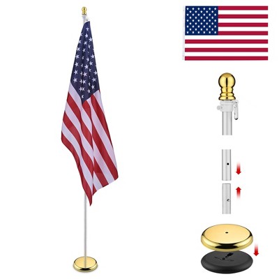 Yescom 8 Ft Sectional Indoor Flag Pole Kit Gold Ball Base Aluminum 3x5 Ft  US Flag Silver