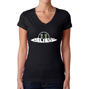LA Pop Art Believe UFO - Women's Word Art V-Neck T-Shirt - 1 of 4