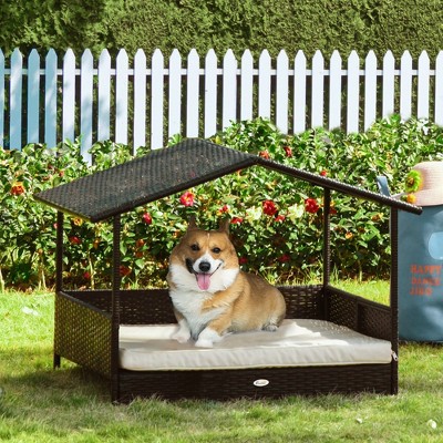 Medium Brown Wicker Elevated Outdoor Dog Bed with Canopy