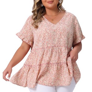 Agnes Orinda Women's Plus Size Boho Ditsy Floral V Neck Ruffle Tiered Pleated Babydoll Blouses - 1 of 4