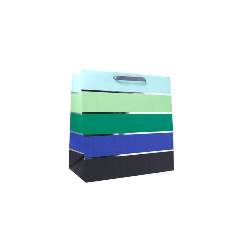 Square Simple Striped Gift Bag with Foil Green/Blue/Black - Spritz&#8482;, 1 of 4