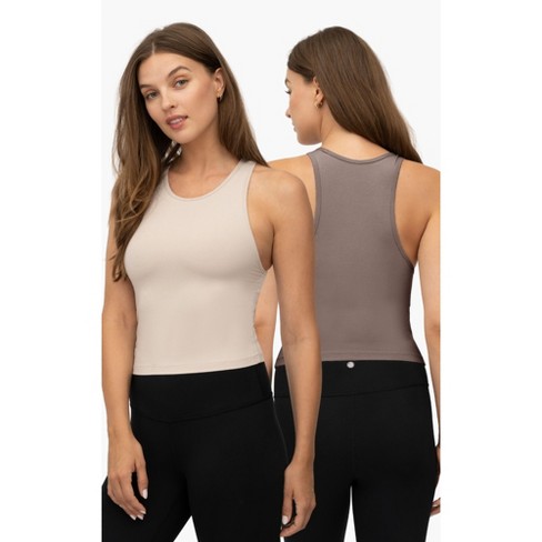 Yogalicious Womens Heavenly Ribbed Tara Cropped Short Sleeve Top With  Built-in Bra - Antler/nacreous Cloud - Small : Target