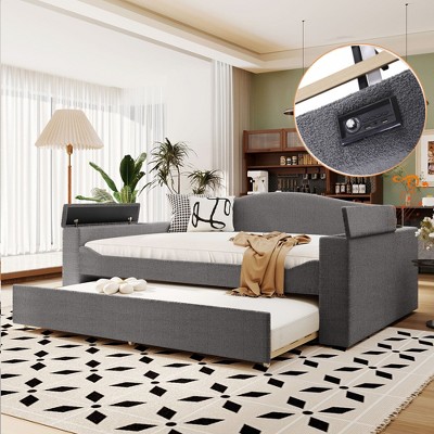 NicBex Twin/Full Size Teddy Fleece Daybed with Storage Armrests,Trundle and Latest Integrated Bluetooth Audio System
