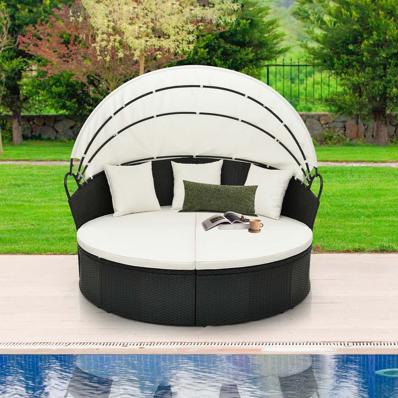 Costway Patio Round Daybed with Retractable Canopy Rattan Sectional Seating Black/White, 2 of 10