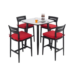 UNISOAR Modern 5PC Outdoor Patio Bar Set,Rounded Square Sintered Stone Table & 4 Swivel Bar Chairs,Non-Rust Aluminum Frame, Marble-Inspired Top - 1 of 4