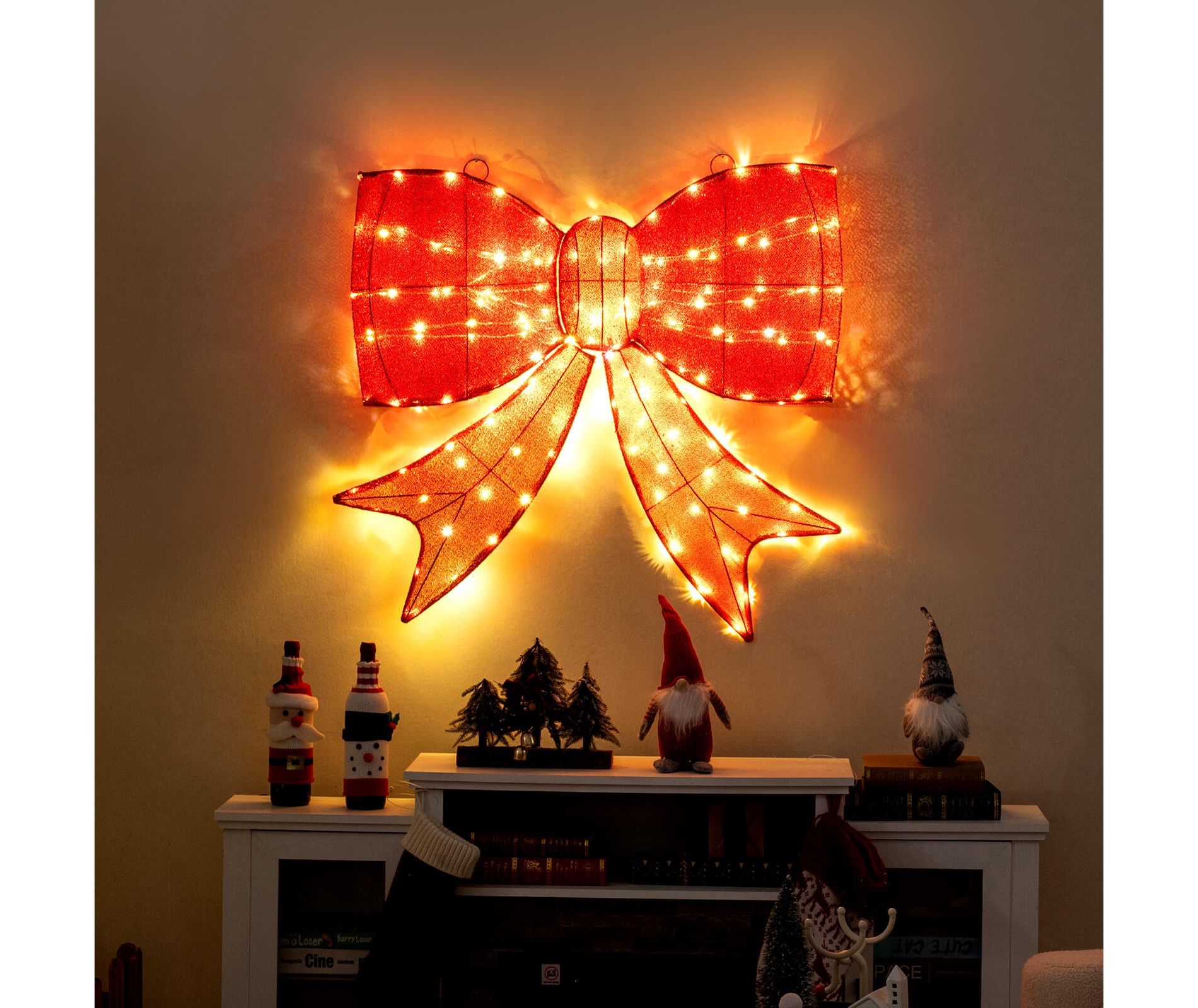 Costway 37” Lighted Christmas Bow Decoration with 150 Warm White LED Lights,2 Hanging Rings