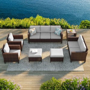 Sonkuki 7 Pieces PE Rattan Furniture Set with Side Table, Patio Chair with Cushion, Ottomans for Lawn, Light Gray - 1 of 4