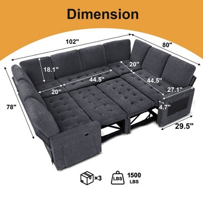 Dimension diagram of a large U-shaped sectional sofa with measurements