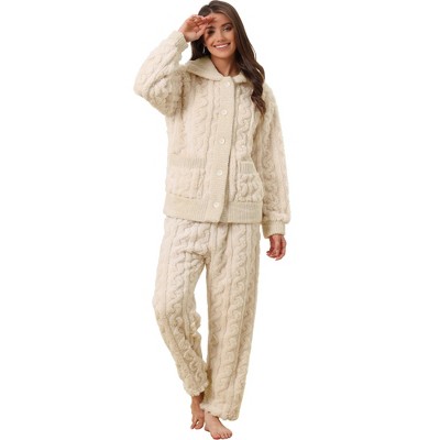 cheibear Women's Sleepwear Flannel Button Down Lounge Warm Winter Long  Sleeves Pajama Set White X-Small