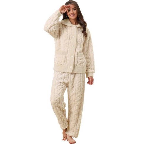 Cheibear Women's Soft Warm Fluffy Fleece Button Down Long Sleeve Sleepwear  With Pockets Pajama Set Beige Large : Target
