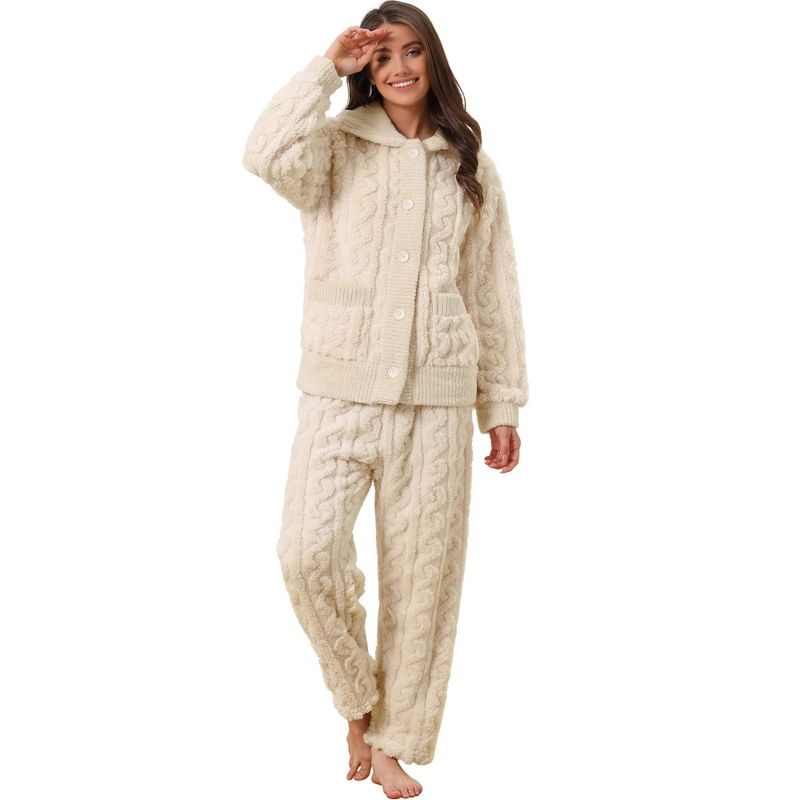 cheibear Women's Soft Warm Fluffy Fleece Button Down Long Sleeve Sleepwear with Pockets Pajama Set, 1 of 6