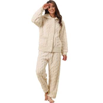 cheibear Women's Soft Warm Fluffy Fleece Button Down Long Sleeve Sleepwear with Pockets Pajama Set