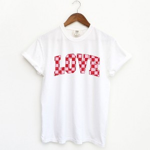 Simply Sage Market Women's Distressed Love Checkered Short Sleeve Garment Dyed Tee - 1 of 4