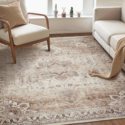 MontVoo Vintage Floral Washable Area Rug Beige