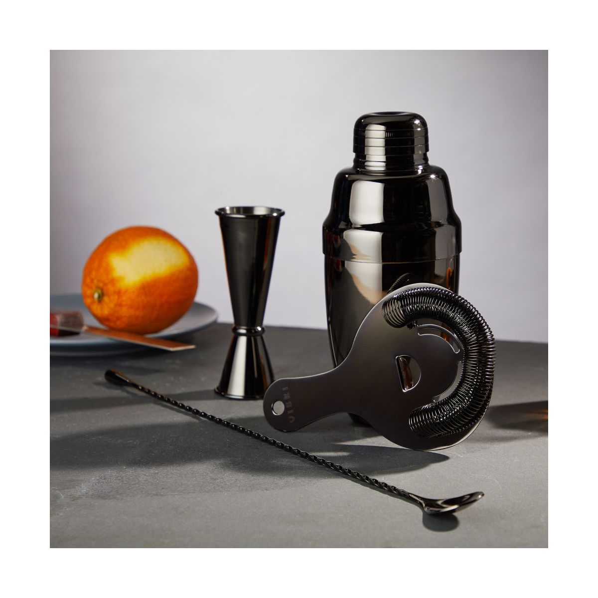 Viski Gunmetal 4-Piece Set Bartender Kit for Coffee & Espresso Cocktails, Cold Brew Drinks, Cocktail Shaker, Strainer, Jigger, Bar Spoon, Black - thumbnail 6