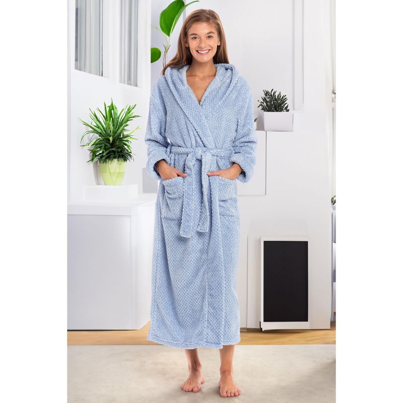 Women's Fuzzy Plush Fleece Bathrobe with Hood, Soft Warm Hooded Lounge Robe, 3 of 7