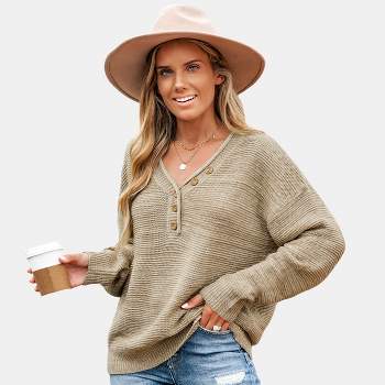 Women's Chunky Knit Buttoned Drop Sleeve Sweater - Cupshe