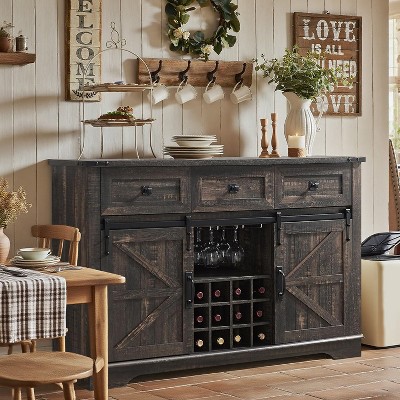 OKD 54" Wine Bar Cabinet w/Sliding Barn Door, Kitchen Coffee Bar Cabinet w/Wine & Glass Rack, 3 Drawers, Large Buffet Sideboard