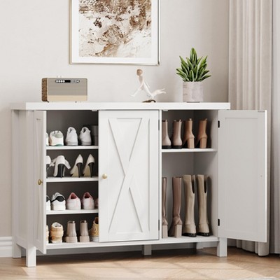 Farmhouse Shoe Storage Cabinet with 3 Barn Door Design, 4-Tier Shoe Cabinet with Side Cabinet
