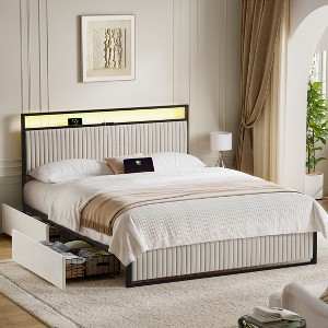 WOWLIVE Queen Size Modern Bed Frame with 2 Storage Drawers, Upholstered Velvet Headboard with Charging Station & Led Light, Beige - 1 of 4