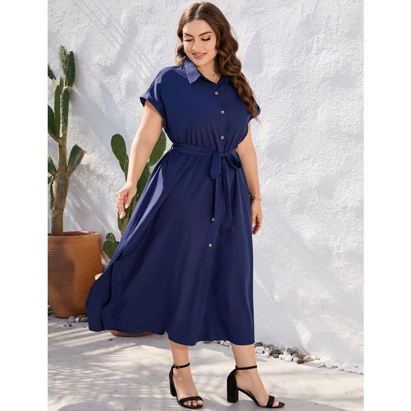 Plus Size Maxi Dresses for Women Summer Tie Belt Work Polo Dress Business Casual Button Down Dress, 4 of 7
