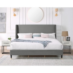 Roundhill Furniture Arles 3-Piece Upholstered Bedroom Set, Wingback Platform Bed with Two Nightstands - 1 of 4