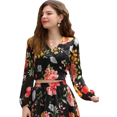 Allegra K Women's Floral Chiffon Blouse V Neck Tie Knot Puff Long Sleeve Crop Top