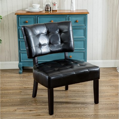 Ivory Faux Leather Tufted Slipper Chair with Wood Legs