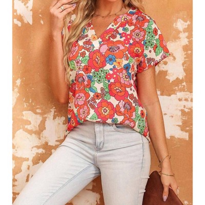 Women's Floral Split Neck Top - Shewin Inc.