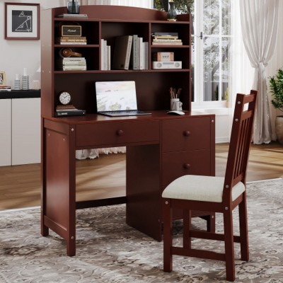 Vintage 40'' Home Executive Desk,Upholstered Chair Set,Computer Desk,4 Drawers & Storage Shelf, Office or Study,Bedroom,Living Room-Maison Boucle